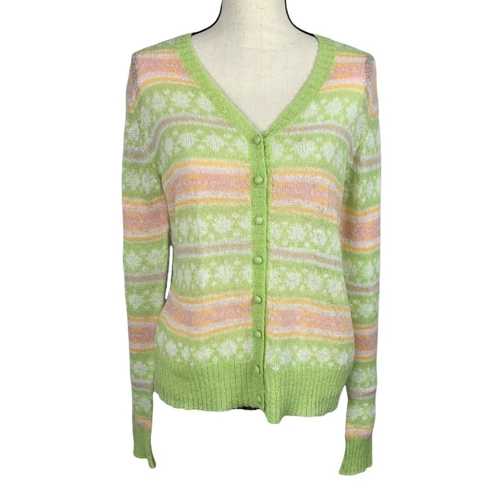 Sweater Cardigan Mohair Blend Womens Med GH Bass & Co Pastel Stripe Light Airy